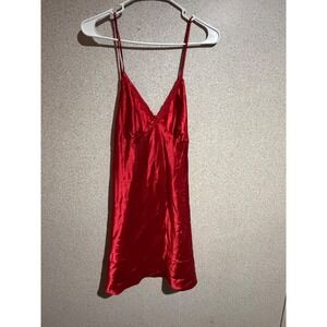 Adonna Red Satin Lace Trim Nightgown Chemise Lace Up Back Medium
